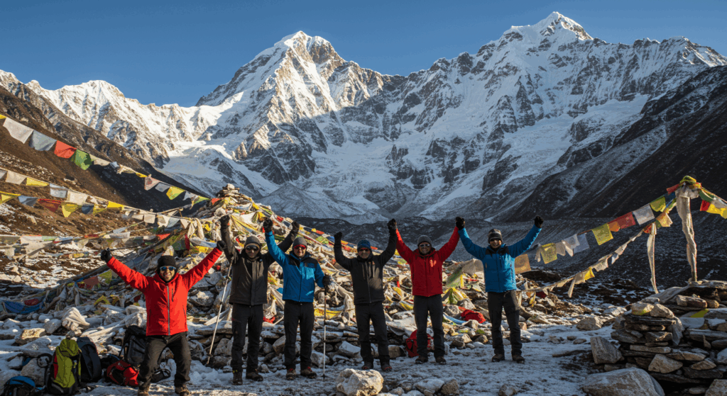 Group of trekkers enjoying mountain views on Annapurna Base Camp trek