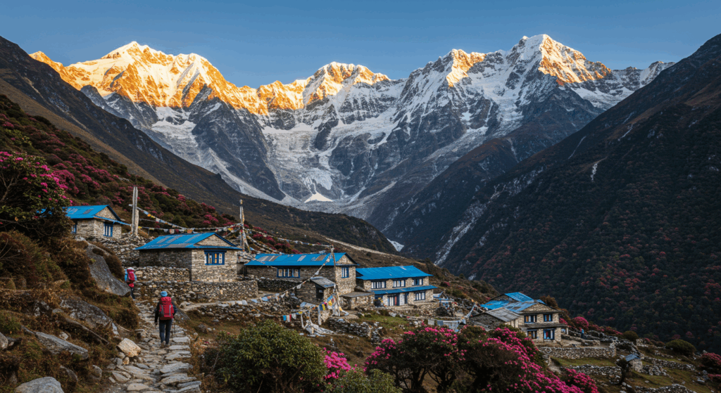 Trekkers walking on the Annapurna Base Camp trek with snow-covered mountains in the background