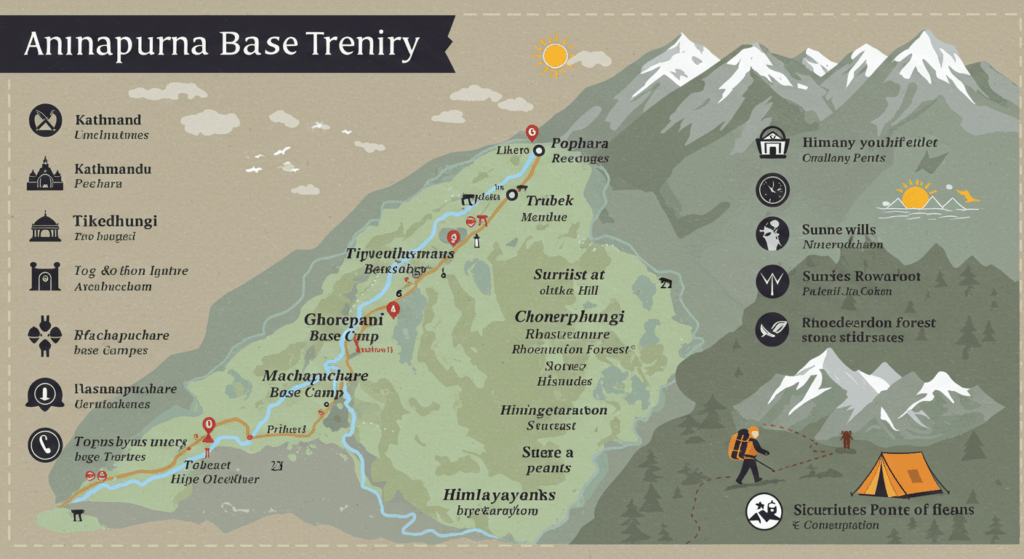 nfographic showing a day-by-day itinerary of the 10-day Annapurna Base Camp trek with destinations, altitudes, and highlights